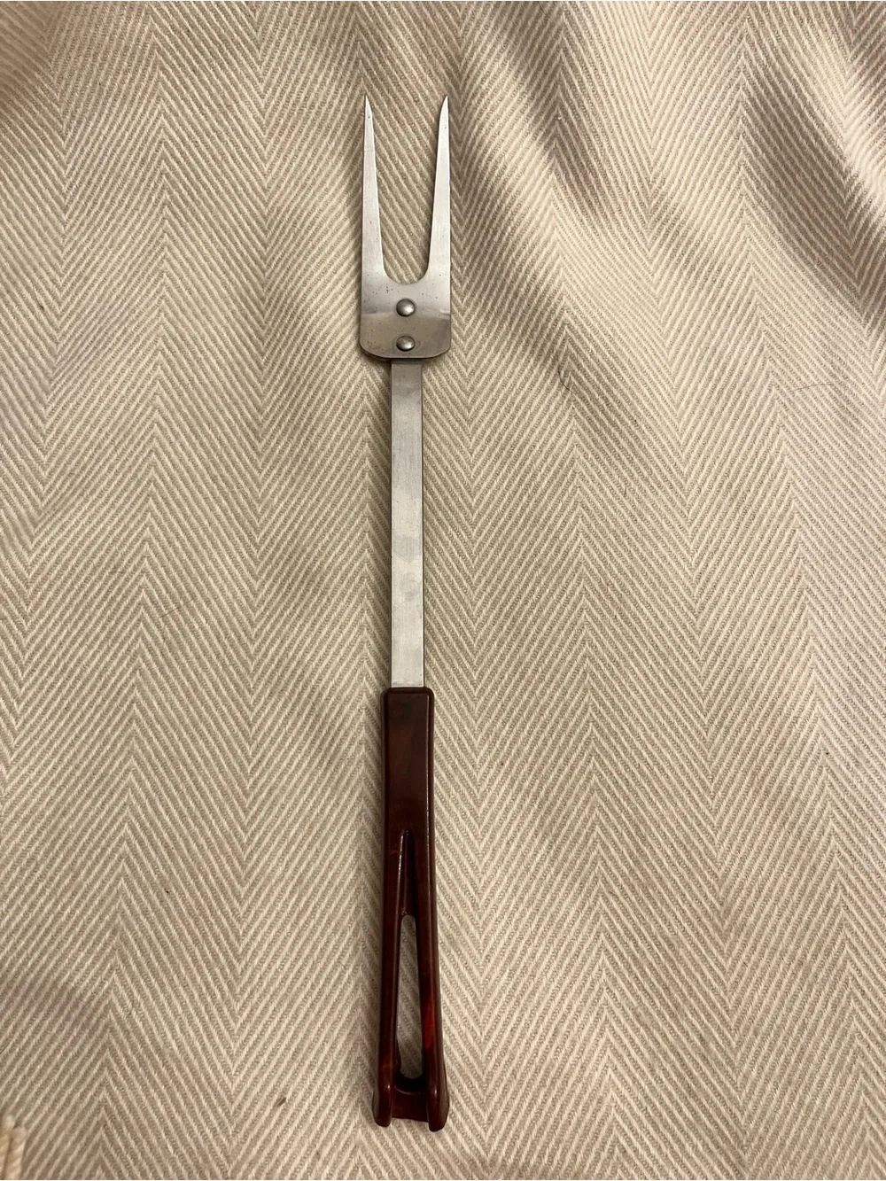 Stanhome Stainless 2 Prong Meat Fork 13” Vintage Brown Handle Used
